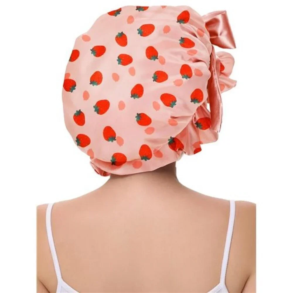 Strawberry Satin Sleep Bonnet – Adjustable Ruffle Cap with Oversized Bow